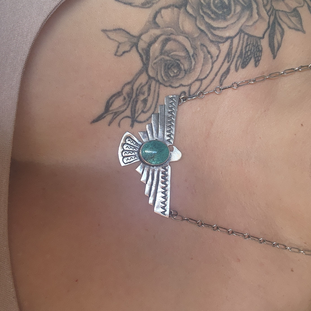 Silver and Turquoise Thunderbird Necklace stamped 925